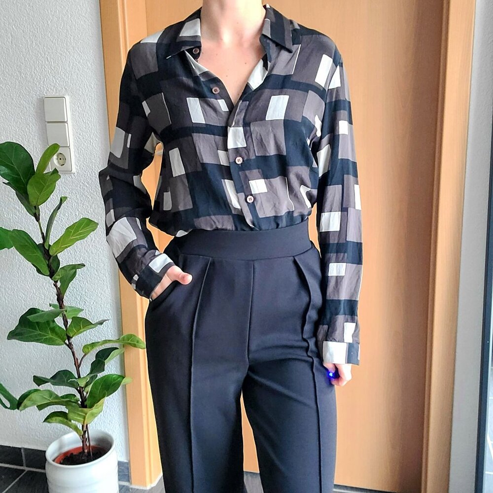 Jones New York Vintage Silk Gray Black White Colorblock Button Down Blouse 8P